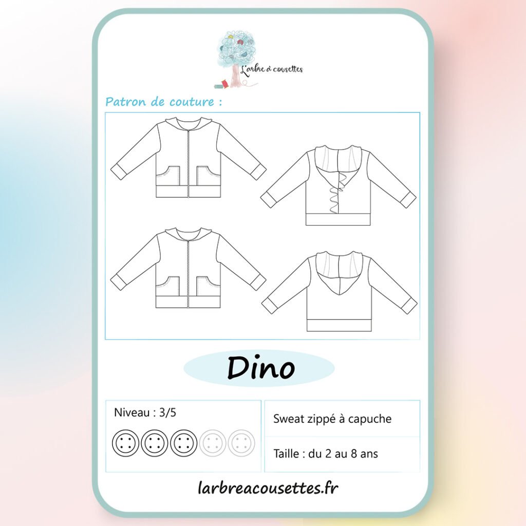 Patron sweat capuche enfant Dino - PDF à télécharger, tailles 2 à 8 ans