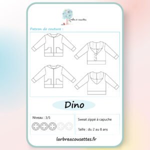 Patron de couture sweat zippé Dino enfant - PDF à télécharger, tailles 2 à 8 ans